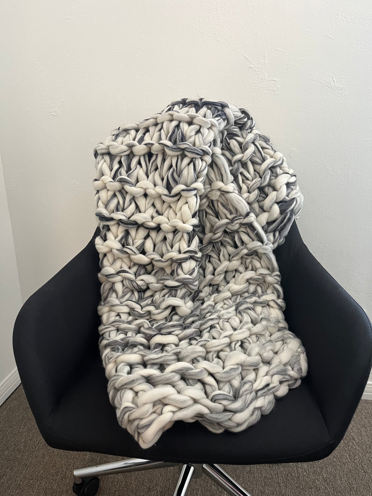 Black, Cream and Grey Super Chunky Hand Knit Merino Wool Throw 35''x70'' (89cm x 177 cm) - HALF PRICE!